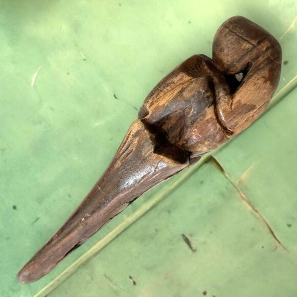 Vintage Hand-Carved Dark Wood Pipe Sculpture Abstract Figure Antique African Art
